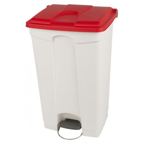 Collecteur blanc à pédale 90L avec couvercle de tri selectif rouge