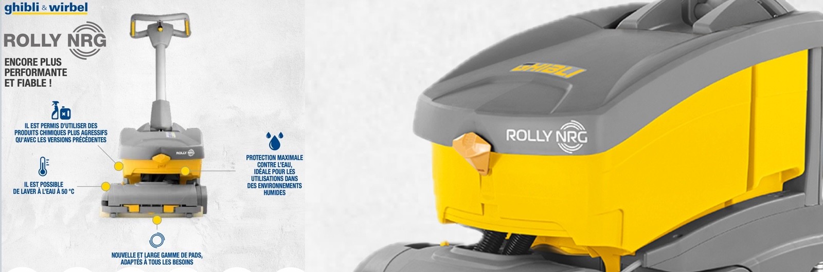 Autolaveuse à rouleau brosse cylindrique ROLLY NRG GHIBLI Compacte et maniable, facile à transporter pour les sols durs et moquettes rases